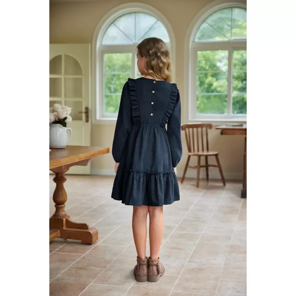 Arshiner Girls Dresses Casual A-line Ruffled Button Long Sleeve Corduroy Swing Dress