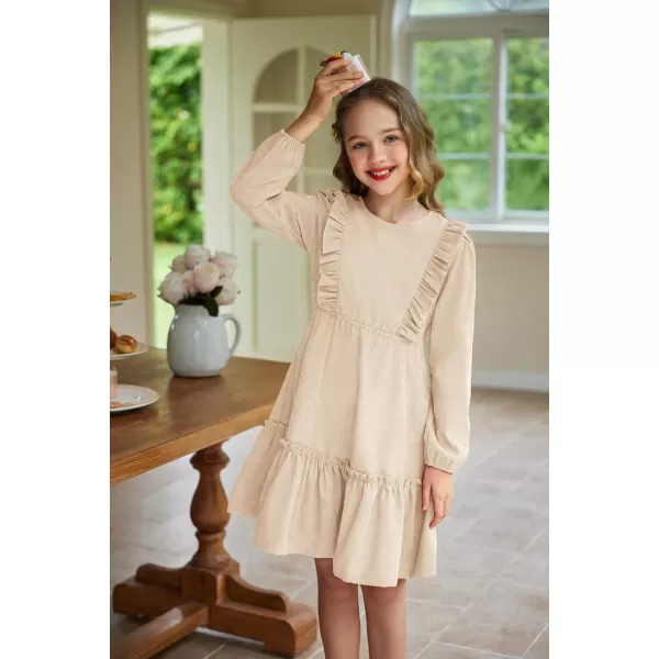 Arshiner Girls Dresses Casual A-line Ruffled Button Long Sleeve Corduroy Swing Dress