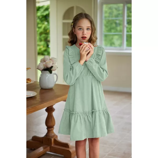 Arshiner Girls Dresses Casual A-line Ruffled Button Long Sleeve Corduroy Swing Dress