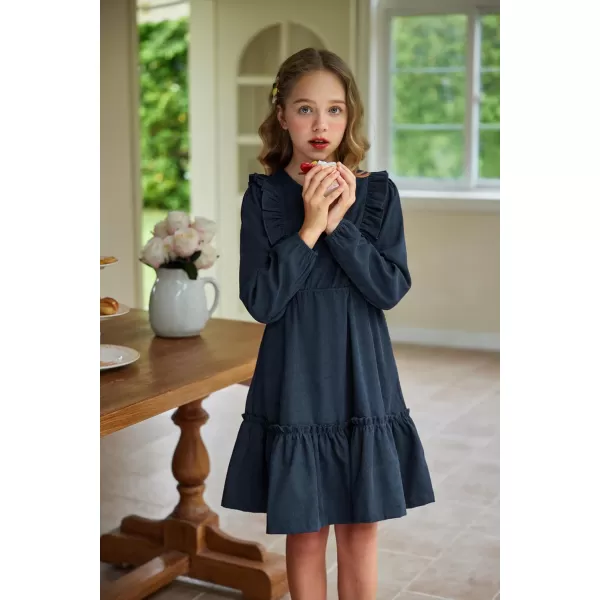 Arshiner Girls Dresses Casual A-line Ruffled Button Long Sleeve Corduroy Swing Dress