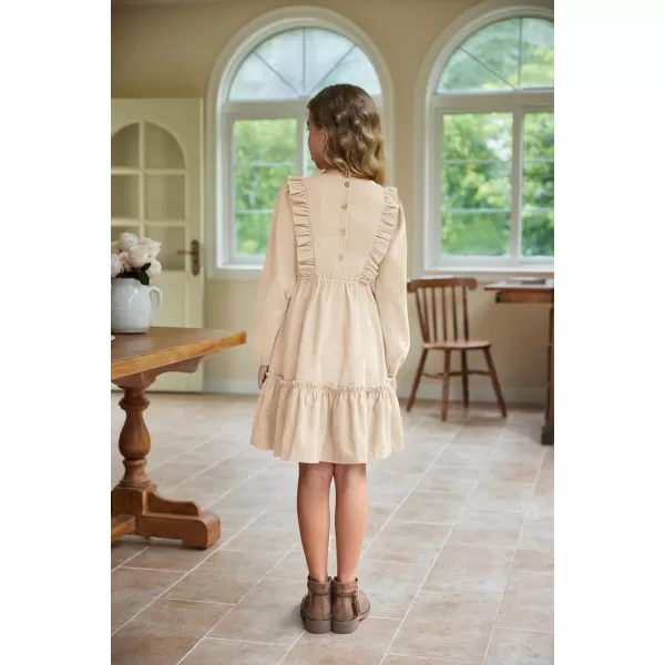 Arshiner Girls Dresses Casual A-line Ruffled Button Long Sleeve Corduroy Swing Dress