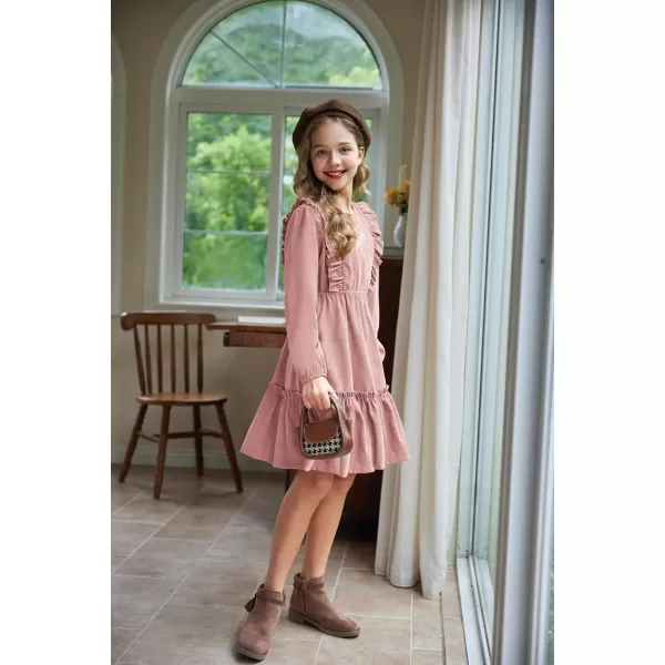 Arshiner Girls Dresses Casual A-line Ruffled Button Long Sleeve Corduroy Swing Dress