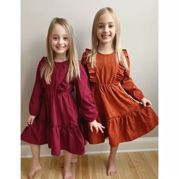 Arshiner Girls Dresses Casual A-line Ruffled Button Long Sleeve Corduroy Swing Dress