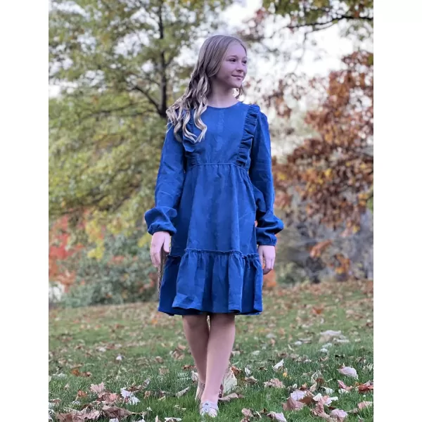 Arshiner Girls Dresses Casual A-line Ruffled Button Long Sleeve Corduroy Swing Dress
