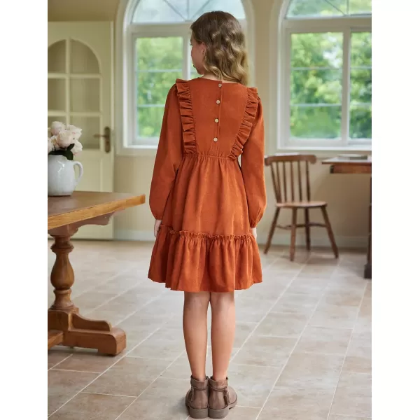 Arshiner Girls Dresses Casual A-line Ruffled Button Long Sleeve Corduroy Swing Dress