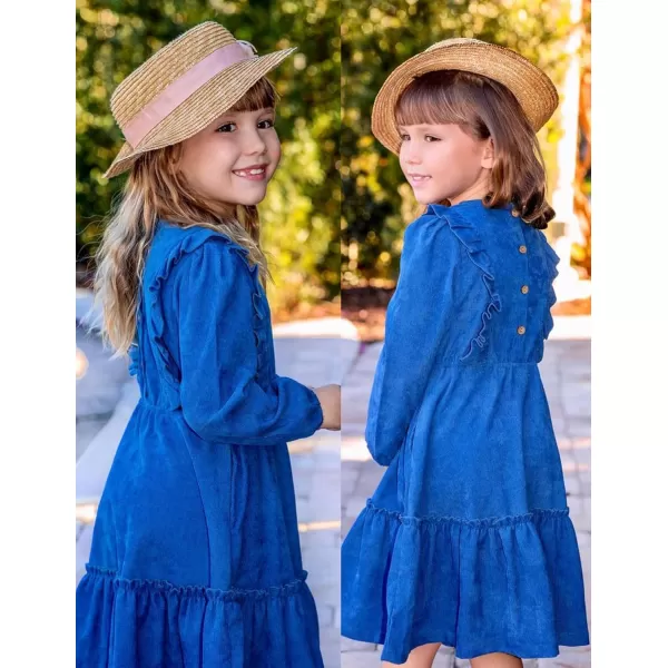 Arshiner Girls Dresses Casual A-line Ruffled Button Long Sleeve Corduroy Swing Dress