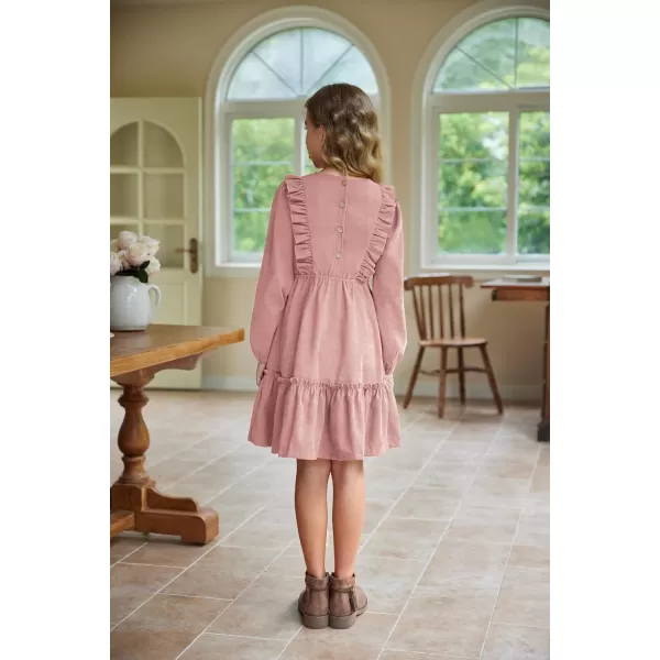 Arshiner Girls Dresses Casual A-line Ruffled Button Long Sleeve Corduroy Swing Dress