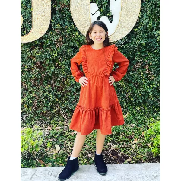 Arshiner Girls Dresses Casual A-line Ruffled Button Long Sleeve Corduroy Swing Dress