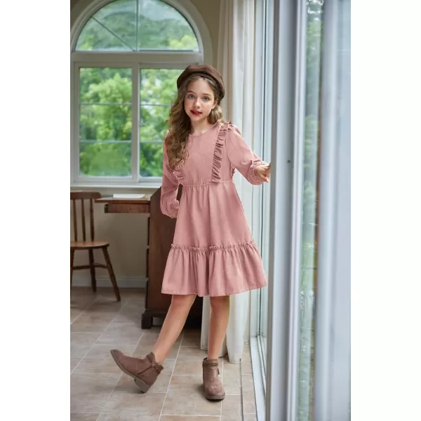 Arshiner Girls Dresses Casual A-line Ruffled Button Long Sleeve Corduroy Swing Dress