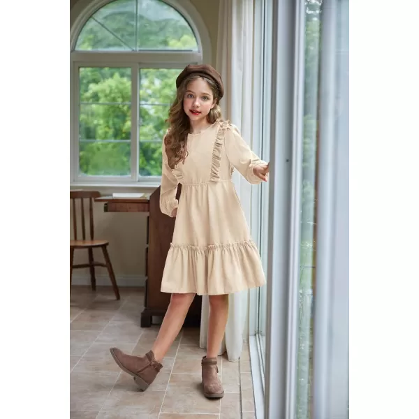 Arshiner Girls Dresses Casual A-line Ruffled Button Long Sleeve Corduroy Swing Dress