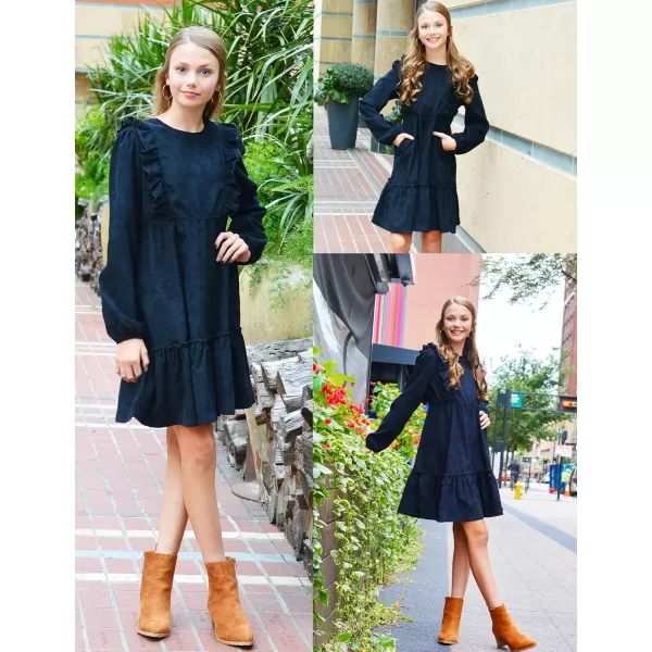 Arshiner Girls Dresses Casual A-line Ruffled Button Long Sleeve Corduroy Swing Dress
