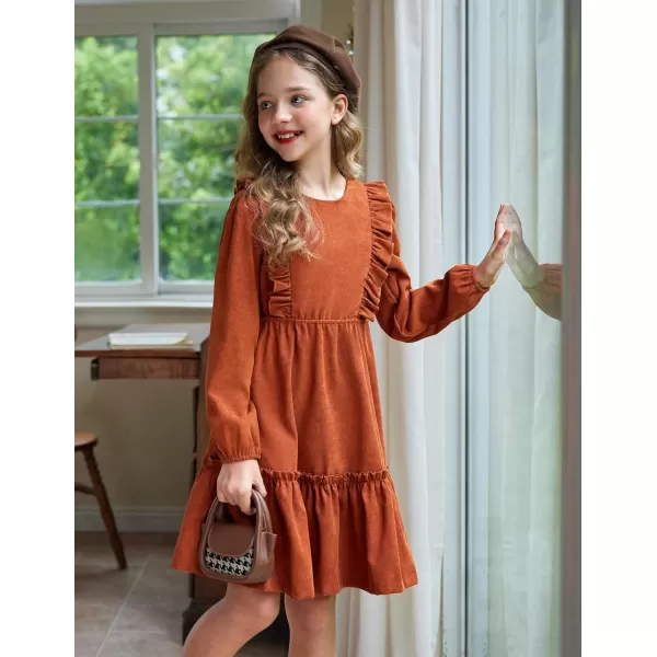 Arshiner Girls Dresses Casual A-line Ruffled Button Long Sleeve Corduroy Swing Dress