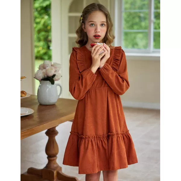Arshiner Girls Dresses Casual A-line Ruffled Button Long Sleeve Corduroy Swing Dress