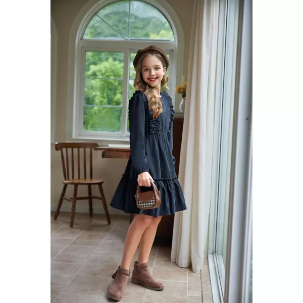 Arshiner Girls Dresses Casual A-line Ruffled Button Long Sleeve Corduroy Swing Dress