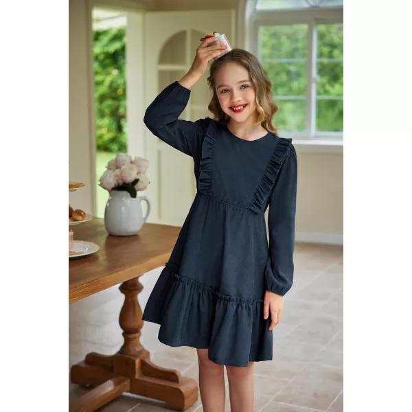 Arshiner Girls Dresses Casual A-line Ruffled Button Long Sleeve Corduroy Swing Dress