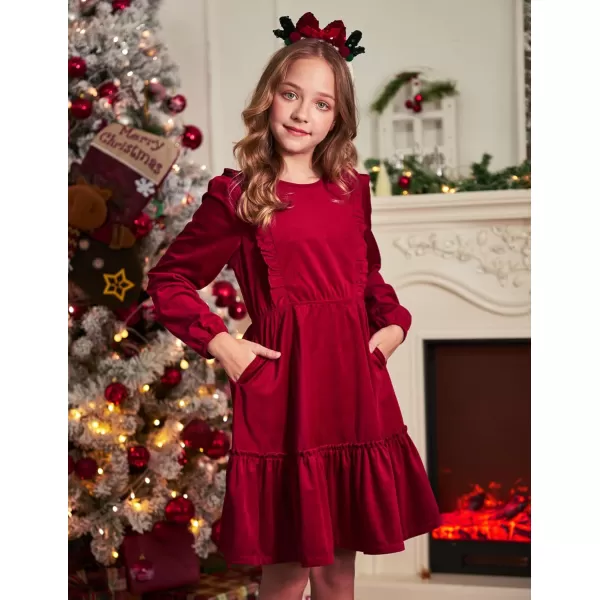 Arshiner Girls Dresses Casual A-line Ruffled Button Long Sleeve Corduroy Swing Dress