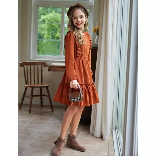 Arshiner Girls Dresses Casual A-line Ruffled Button Long Sleeve Corduroy Swing Dress