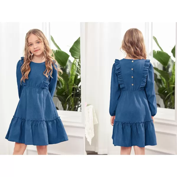 Arshiner Girls Dresses Casual A-line Ruffled Button Long Sleeve Corduroy Swing Dress