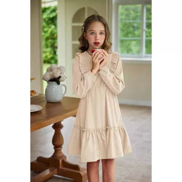 Arshiner Girls Dresses Casual A-line Ruffled Button Long Sleeve Corduroy Swing Dress