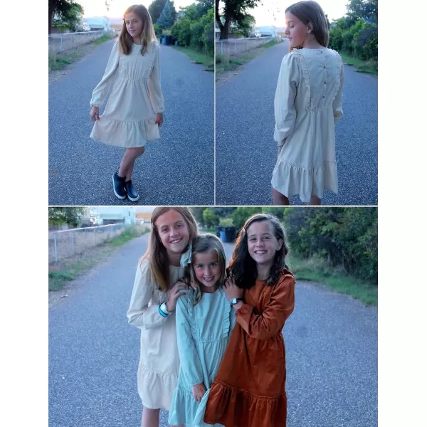 Arshiner Girls Dresses Casual A-line Ruffled Button Long Sleeve Corduroy Swing Dress