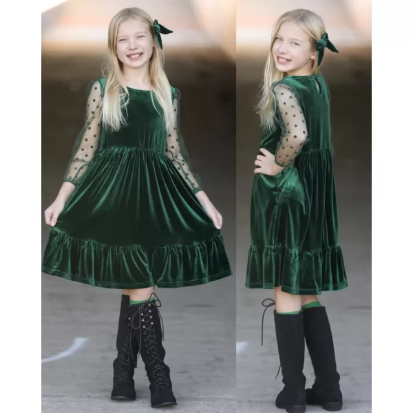 Arshiner Girls Dresses Contrast Mesh Velvet Long Sleeve A-Line Vintage Party Dress with Pockets
