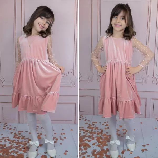Arshiner Girls Dresses Contrast Mesh Velvet Long Sleeve A-Line Vintage Party Dress with Pockets