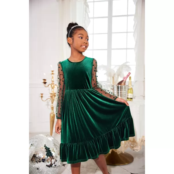Arshiner Girls Dresses Contrast Mesh Velvet Long Sleeve A-Line Vintage Party Dress with Pockets