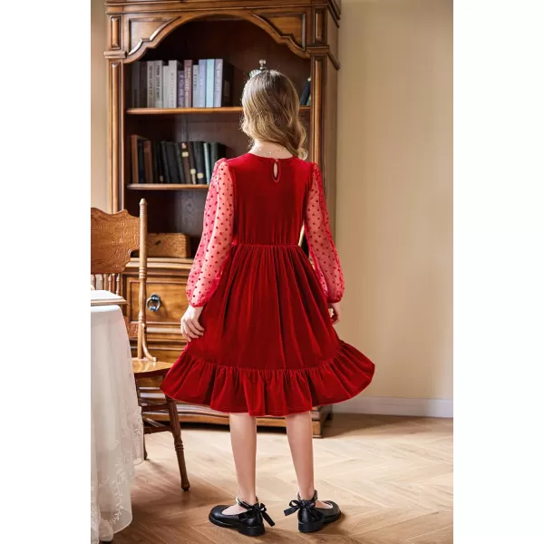 Arshiner Girls Dresses Contrast Mesh Velvet Long Sleeve A-Line Vintage Party Dress with Pockets