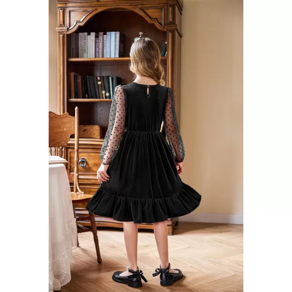 Arshiner Girls Dresses Contrast Mesh Velvet Long Sleeve A-Line Vintage Party Dress with Pockets