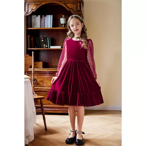 Arshiner Girls Dresses Contrast Mesh Velvet Long Sleeve A-Line Vintage Party Dress with Pockets