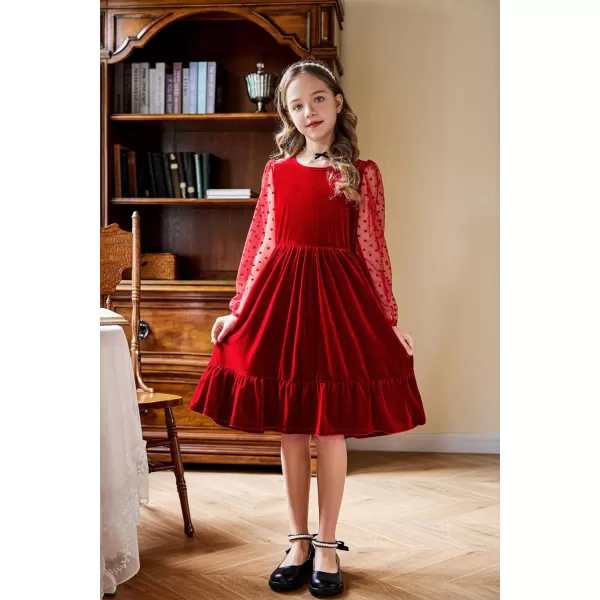 Arshiner Girls Dresses Contrast Mesh Velvet Long Sleeve A-Line Vintage Party Dress with Pockets