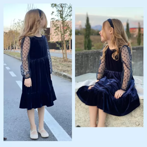 Arshiner Girls Dresses Contrast Mesh Velvet Long Sleeve A-Line Vintage Party Dress with Pockets