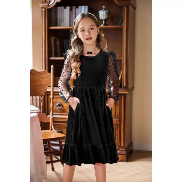Arshiner Girls Dresses Contrast Mesh Velvet Long Sleeve A-Line Vintage Party Dress with Pockets