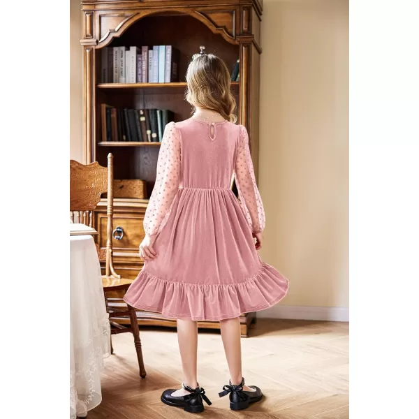 Arshiner Girls Dresses Contrast Mesh Velvet Long Sleeve A-Line Vintage Party Dress with Pockets