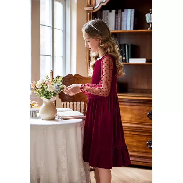 Arshiner Girls Dresses Contrast Mesh Velvet Long Sleeve A-Line Vintage Party Dress with Pockets