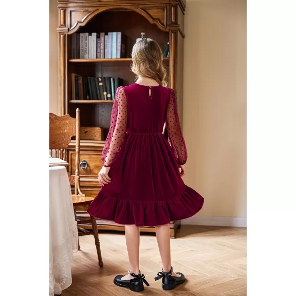Arshiner Girls Dresses Contrast Mesh Velvet Long Sleeve A-Line Vintage Party Dress with Pockets