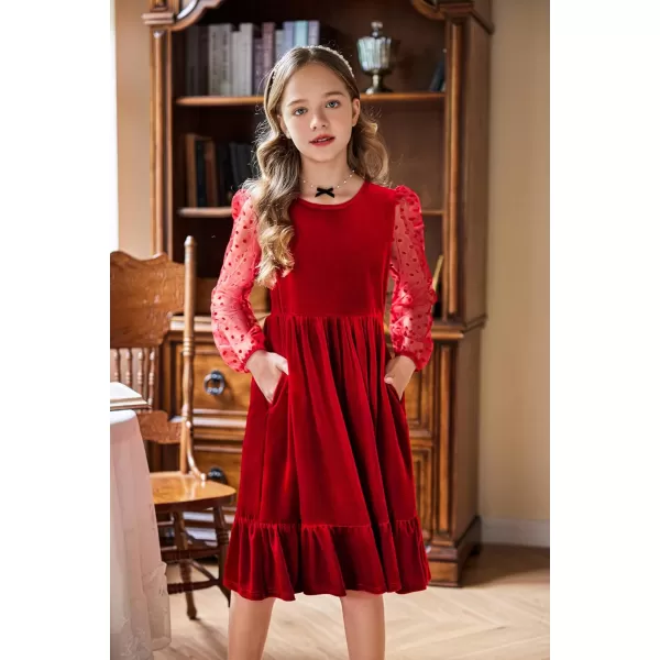 Arshiner Girls Dresses Contrast Mesh Velvet Long Sleeve A-Line Vintage Party Dress with Pockets
