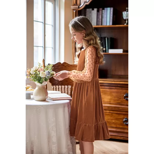 Arshiner Girls Dresses Contrast Mesh Velvet Long Sleeve A-Line Vintage Party Dress with Pockets