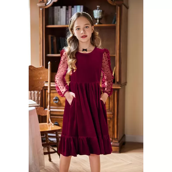 Arshiner Girls Dresses Contrast Mesh Velvet Long Sleeve A-Line Vintage Party Dress with Pockets