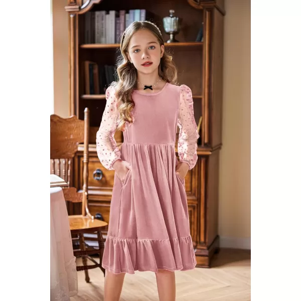 Arshiner Girls Dresses Contrast Mesh Velvet Long Sleeve A-Line Vintage Party Dress with Pockets