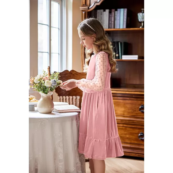 Arshiner Girls Dresses Contrast Mesh Velvet Long Sleeve A-Line Vintage Party Dress with Pockets