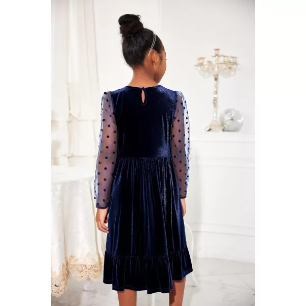 Arshiner Girls Dresses Contrast Mesh Velvet Long Sleeve A-Line Vintage Party Dress with Pockets
