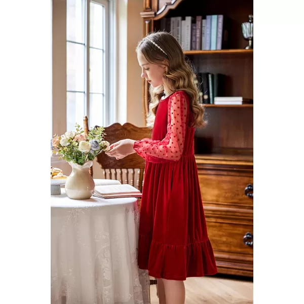 Arshiner Girls Dresses Contrast Mesh Velvet Long Sleeve A-Line Vintage Party Dress with Pockets