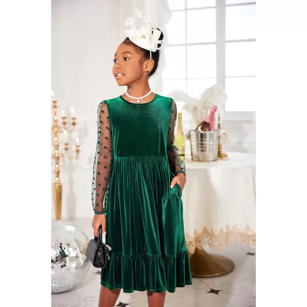 Arshiner Girls Dresses Contrast Mesh Velvet Long Sleeve A-Line Vintage Party Dress with Pockets