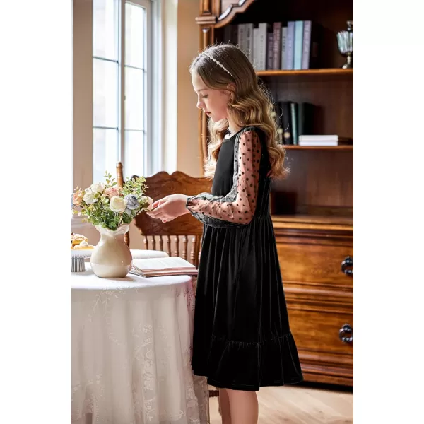Arshiner Girls Dresses Contrast Mesh Velvet Long Sleeve A-Line Vintage Party Dress with Pockets