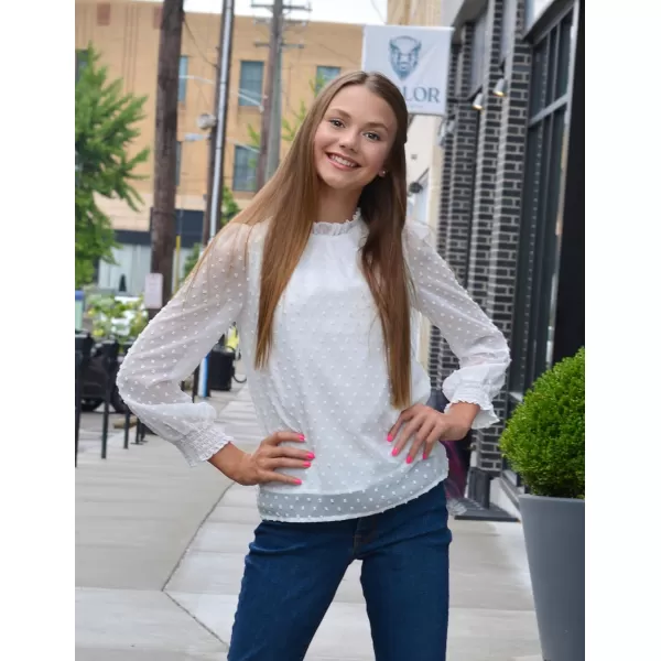 Arshiner Girls Long Sleeve Shirts Chiffon Blouses Swiss Dot Frill Neck Casual Loose Cute Top Tee