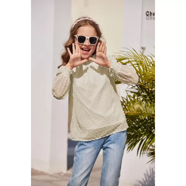 Arshiner Girls Long Sleeve Shirts Chiffon Blouses Swiss Dot Frill Neck Casual Loose Cute Top Tee