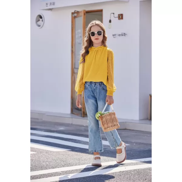 Arshiner Girls Long Sleeve Shirts Chiffon Blouses Swiss Dot Frill Neck Casual Loose Cute Top Tee