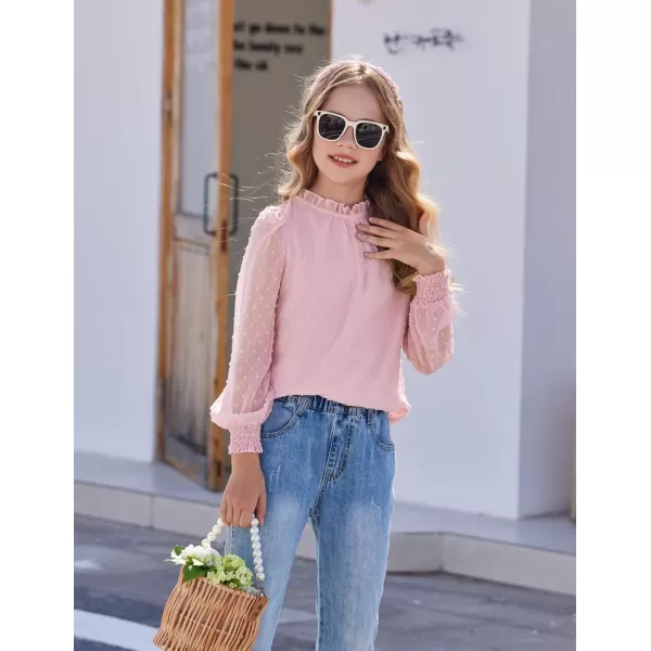 Arshiner Girls Long Sleeve Shirts Chiffon Blouses Swiss Dot Frill Neck Casual Loose Cute Top Tee