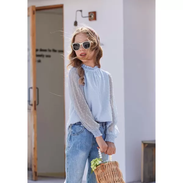 Arshiner Girls Long Sleeve Shirts Chiffon Blouses Swiss Dot Frill Neck Casual Loose Cute Top Tee